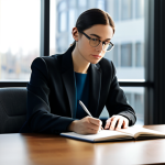 A professional business consultant, fully clothed in a modest, dark business suit, sits focused at a modern, minimalist desk. They are deeply engaged in writing in a large, open notebook with a pen in hand, a thoughtful expression on their face. The background is a blurred, sophisticated office environment with soft natural light coming through a large window, suggesting deep analysis and reflection.