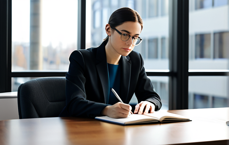 A professional business consultant, fully clothed in a modest, dark business suit, sits focused at a modern, minimalist desk. They are deeply engaged in writing in a large, open notebook with a pen in hand, a thoughtful expression on their face. The background is a blurred, sophisticated office environment with soft natural light coming through a large window, suggesting deep analysis and reflection.