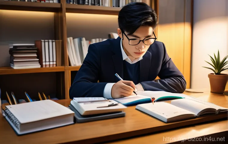 기업경영지도사 자격증 준비 과정 일기 - **Prompt:** A determined and thoughtful Japanese professional woman in her early 30s, dressed in a s...