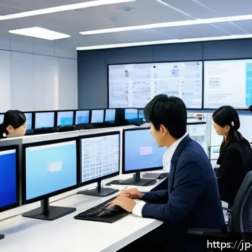 기업경영지도사로서 전문 컨설팅 사례 - A modern Japanese manufacturing office scene showing diverse employees collaboratively working on a ...