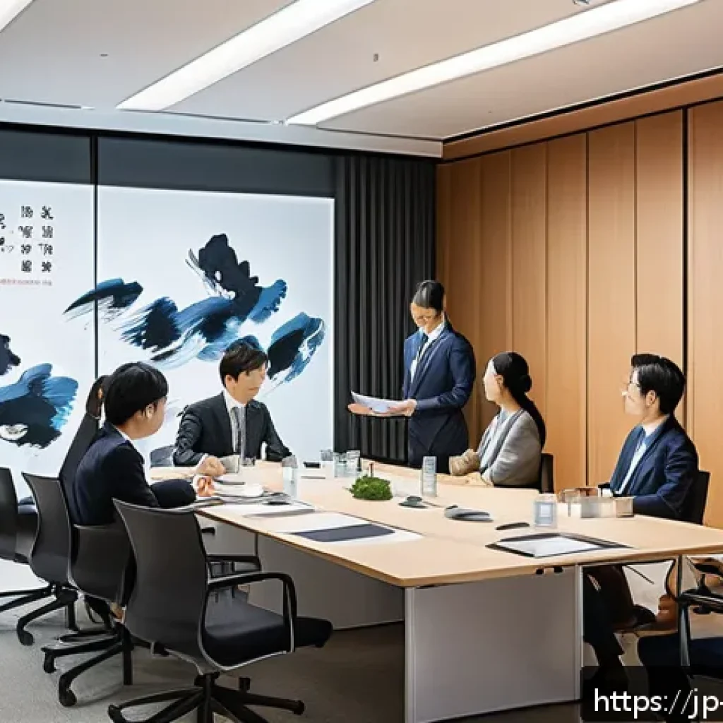 기업경영지도사 필기시험 예상 문제 - A modern Japanese corporate office scene showcasing a diverse group of business professionals engage...