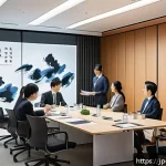 기업경영지도사 필기시험 예상 문제 - A modern Japanese corporate office scene showcasing a diverse group of business professionals engage...