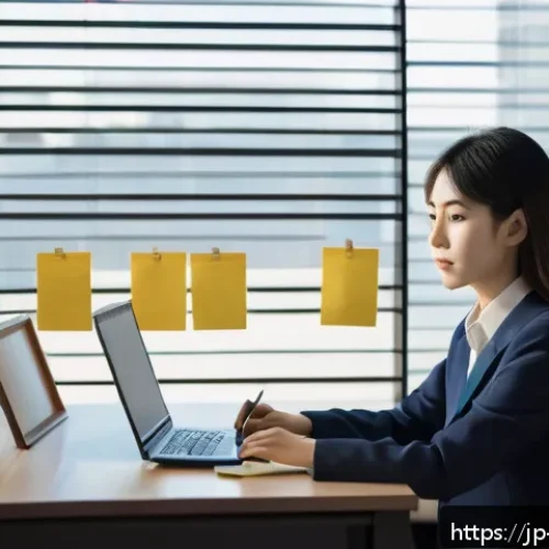 기업경영지도사 시험 합격률 분석 - A modern Japanese study room with a young adult Japanese woman sitting at a clean desk, deeply focus...