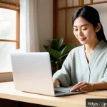기업경영지도사와 창업 컨설팅 - A modern Japanese entrepreneur woman in her 30s working on a laptop at a cozy home office with natur...