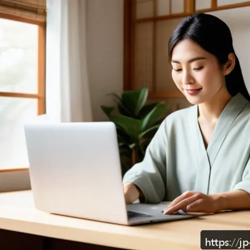 기업경영지도사와 창업 컨설팅 - A modern Japanese entrepreneur woman in her 30s working on a laptop at a cozy home office with natur...