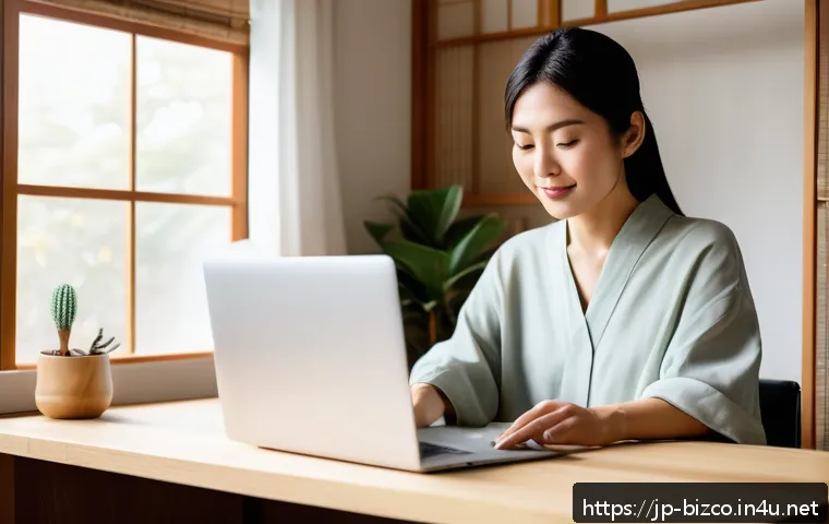 기업경영지도사와 창업 컨설팅 - A modern Japanese entrepreneur woman in her 30s working on a laptop at a cozy home office with natur...