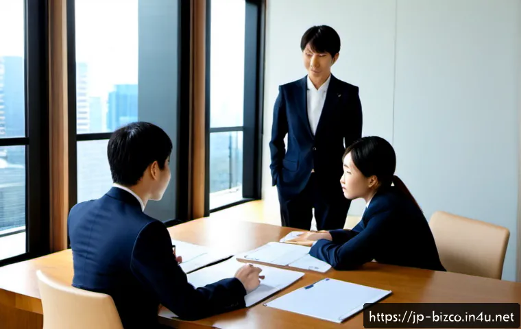 기업경영지도사와 경영학의 발전 - Photorealistic Japanese business management consultant in a tailored navy suit guiding a small execu...